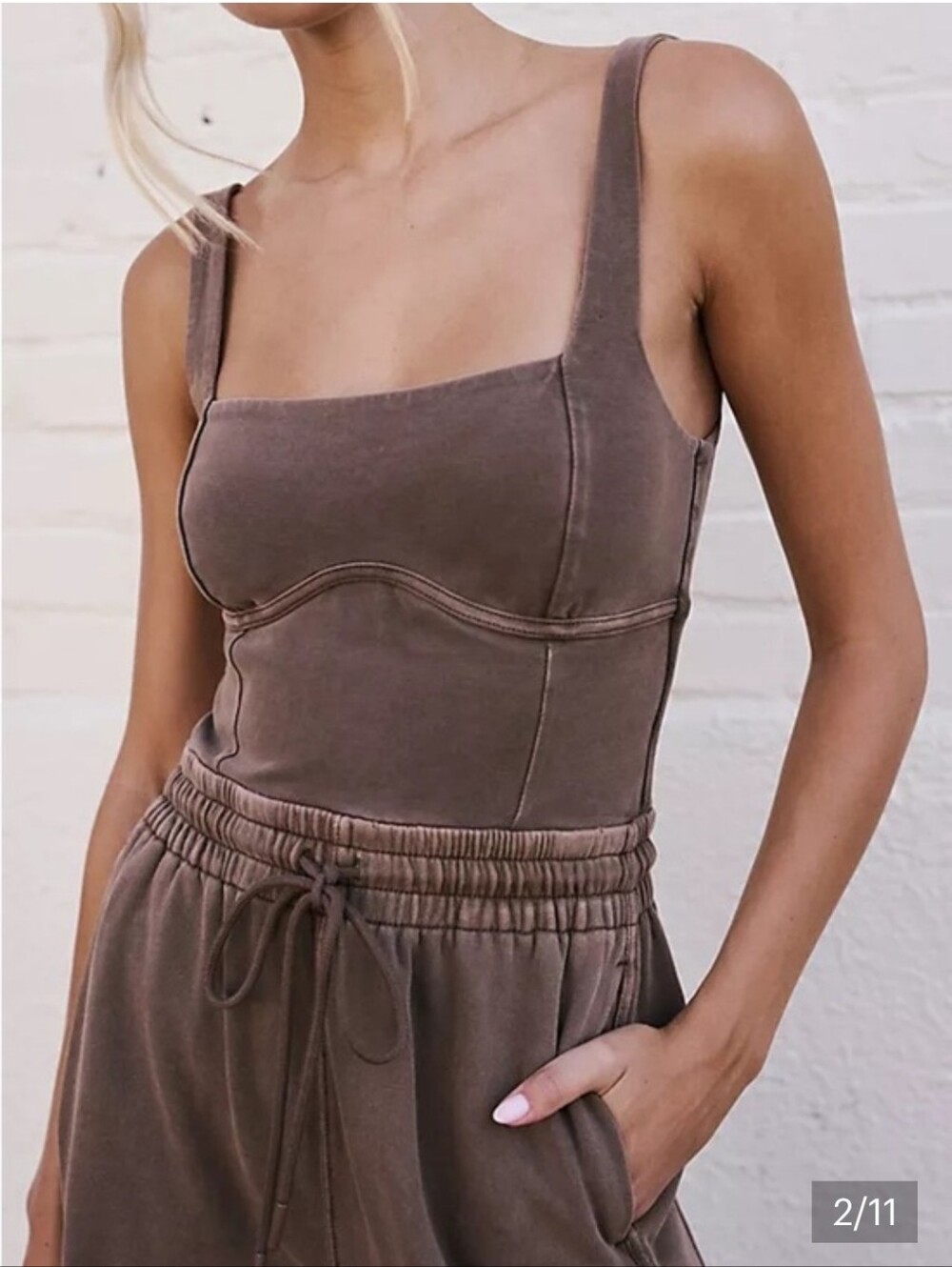 New Free People Inbound Washed Brown Square-Neck Jumpsuit with Drawstring Waist - Picture 2 of 8